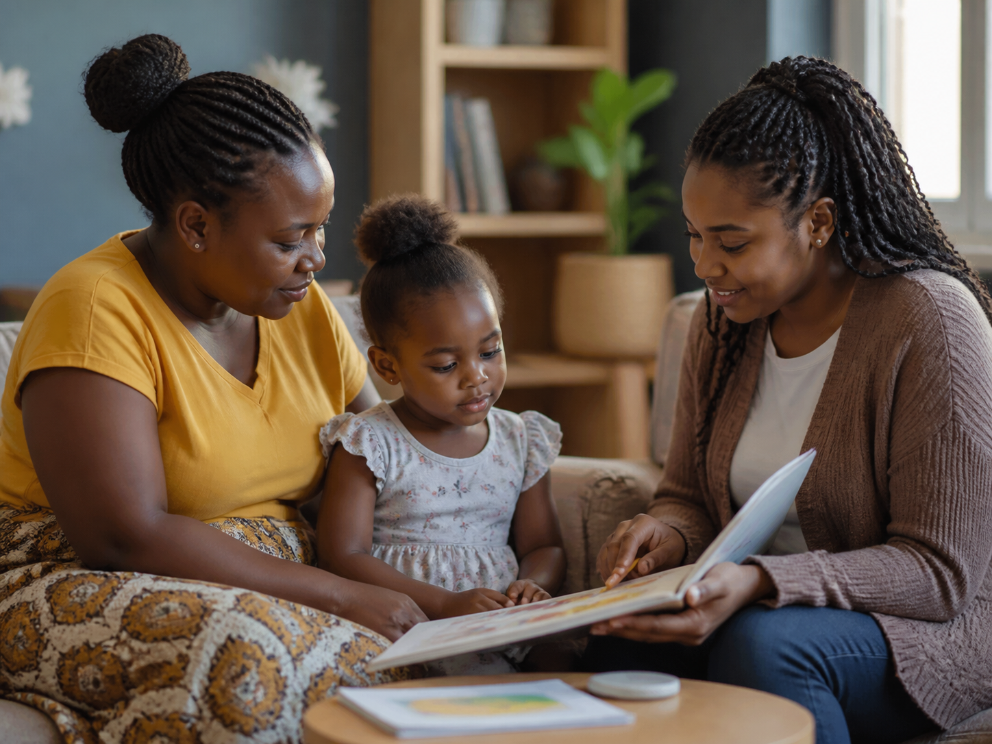 A Black mother and child meeting with a family-support navigator