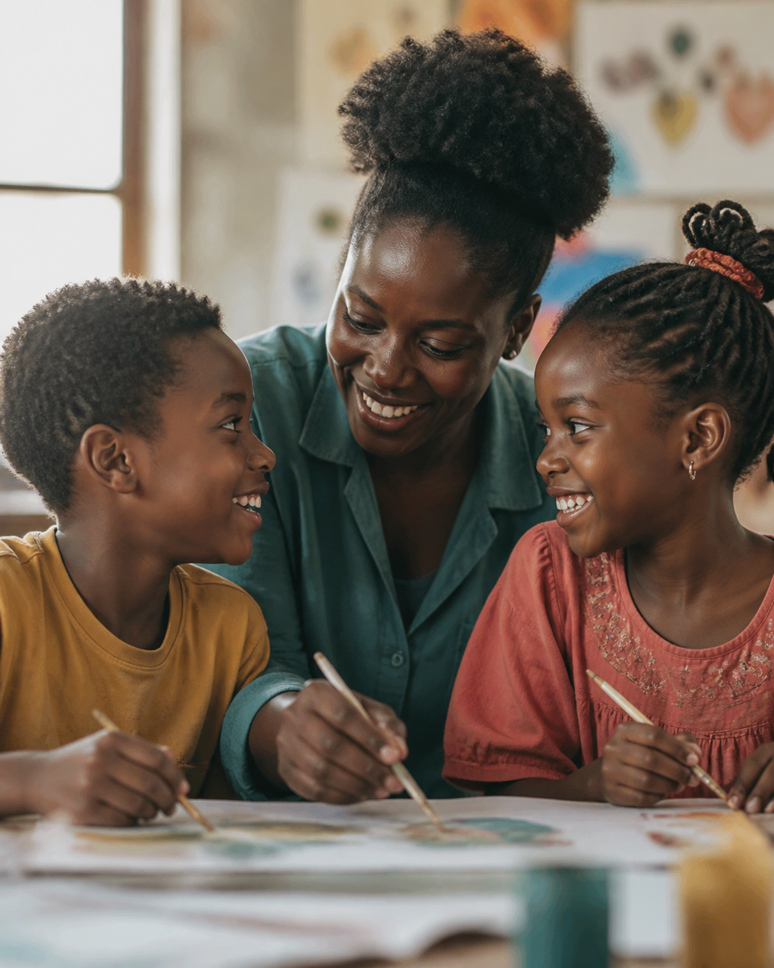 Two Black children sharing an art activity with a family-support volunteer
