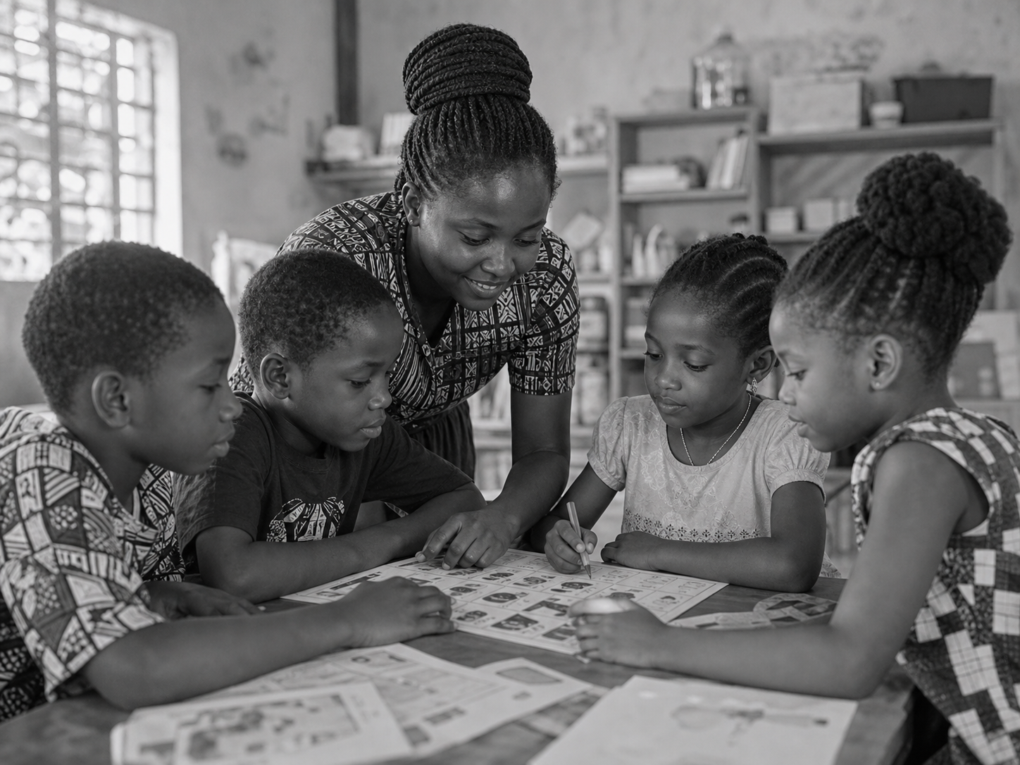 A support worker guiding Black children through a structured activity