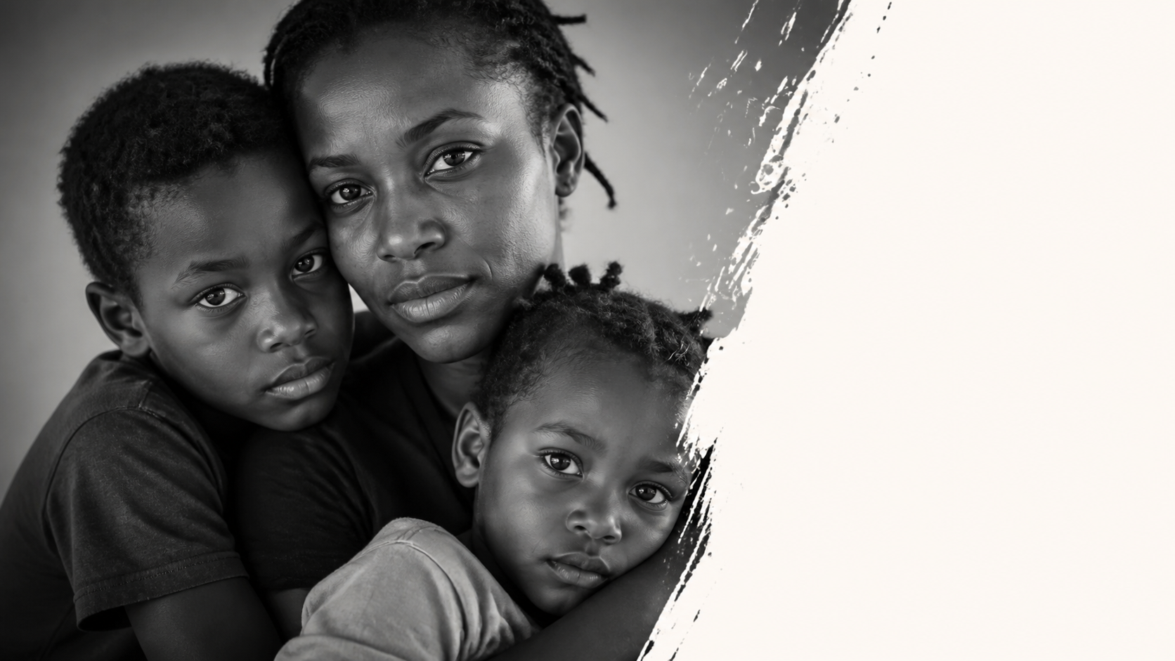 A Black mother holding two children close