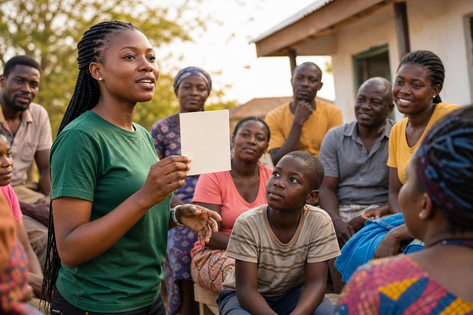 A young Black woman leading a childhood-health awareness conversation