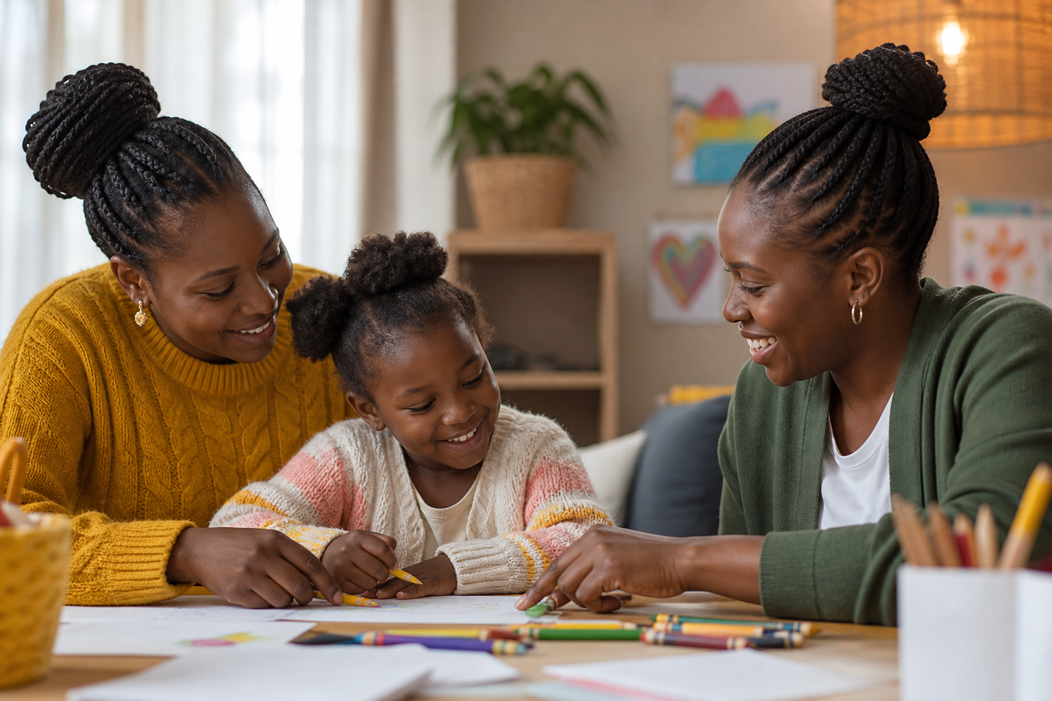 A Black child enjoying a creative support session with her family and a Project Cham volunteer