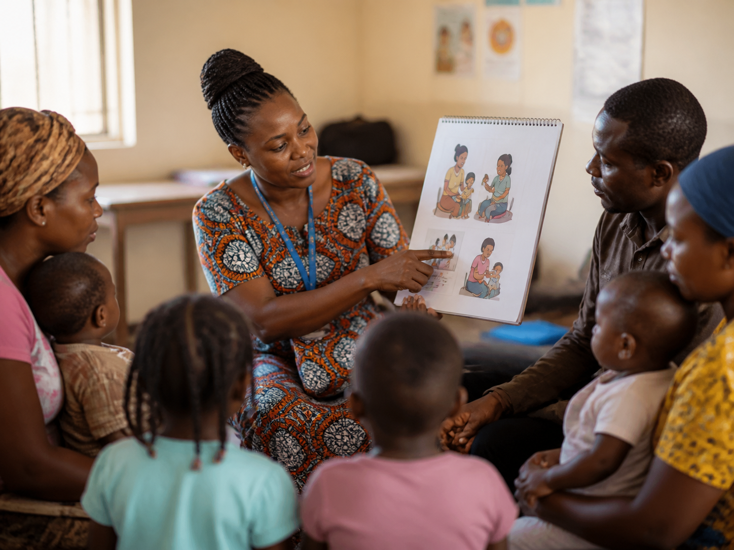 A Black childhood-health educator leading an awareness session with families