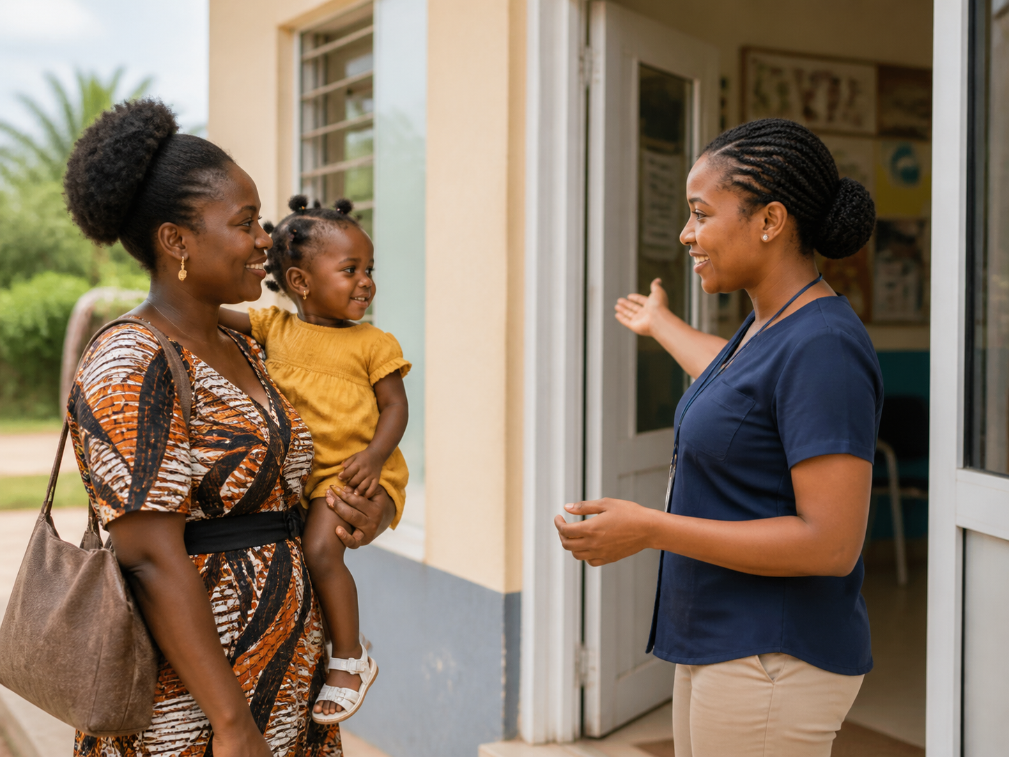 A Black mother and child being welcomed by a patient navigator at a care centre
