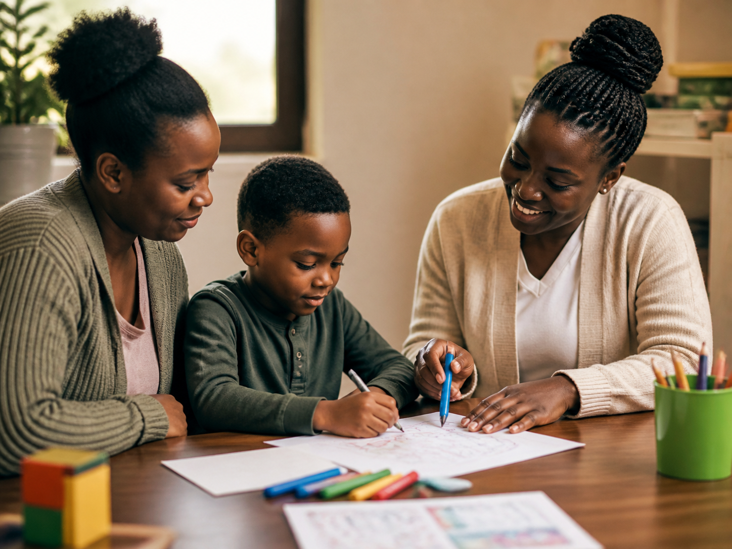 A Black mother and child sharing a supported creative activity with a volunteer