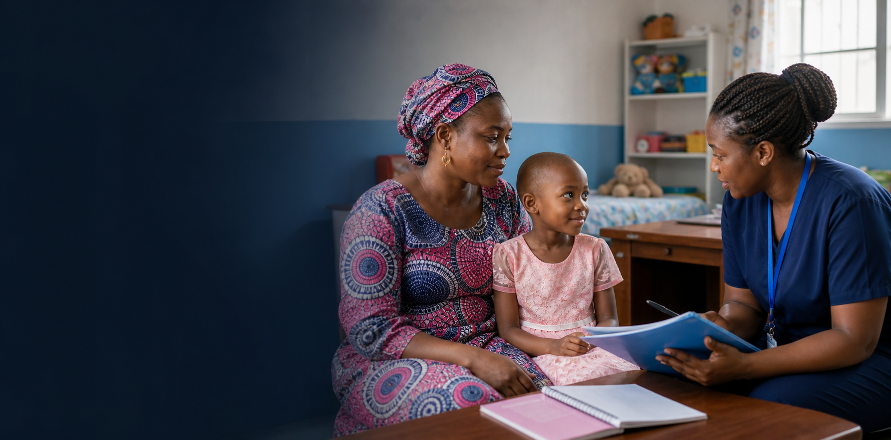 A Nigerian mother and child discussing a care plan with a support worker